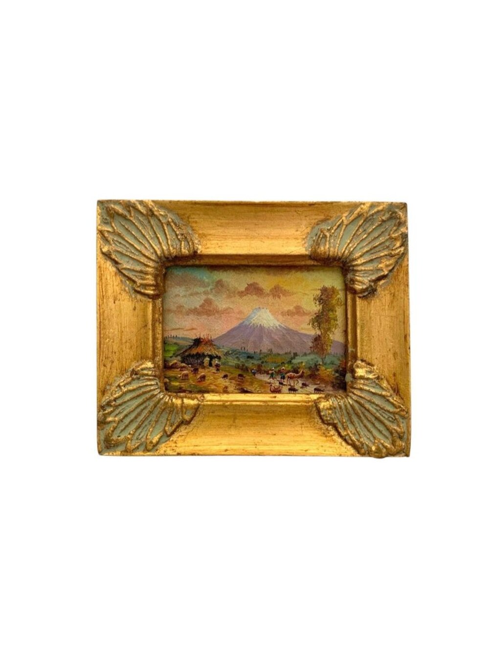 Volcano Painting Peruvian Landscape Original Mini Oil on Board Vintage Folk Art